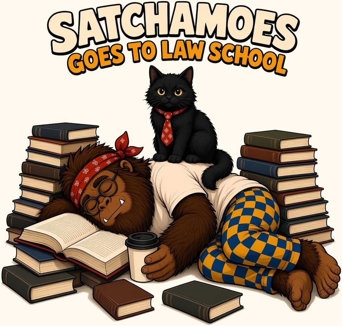 Cartoon Sasquatch Satchamoes asleep on an open law hornbook amid stacks of casebooks, coffee cup in hand, while his alert black cat in a red necktie sits on his back