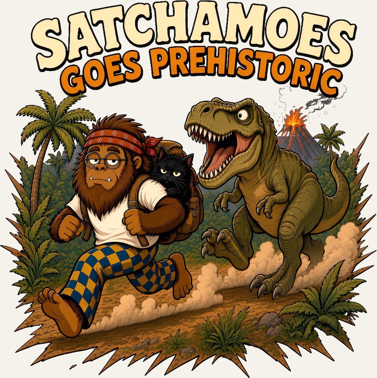 Sasquatch running from a T.rex while his black cat peeks from a backpack, volcano erupting behind them